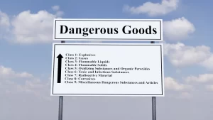 A sign at an airport showing the classes of hazardous materials for transporting dangerous goods.