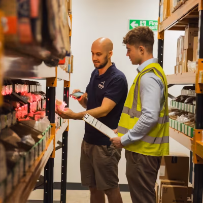 Artemis warehouse workers locating an aircraft part for a client.